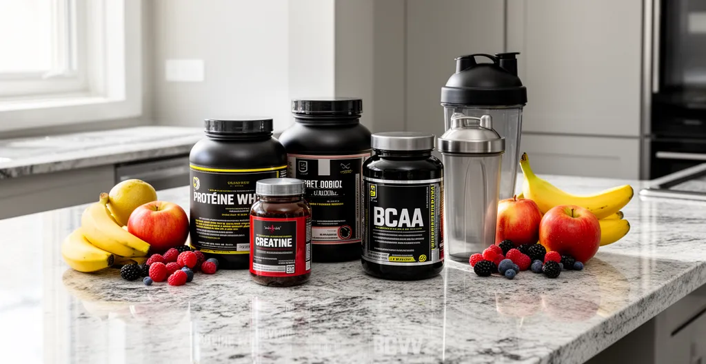 Pots de compléments alimentaires sportifs alignés sur un plan de travail de cuisine avec fruits et shaker