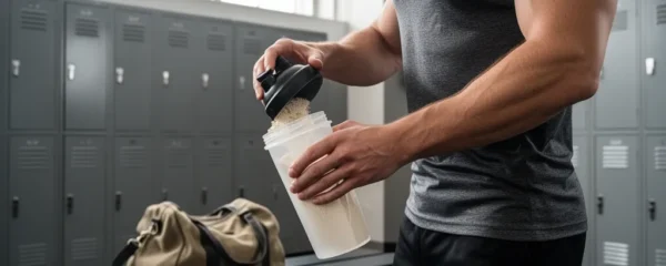 Sportif versant de la poudre protéinée dans un shaker dans un vestiaire de salle de sport