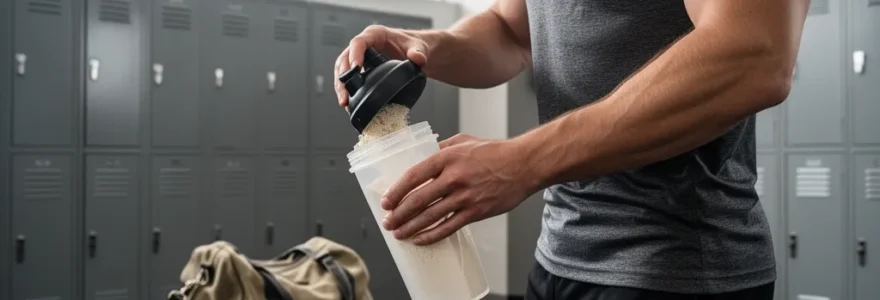 Sportif versant de la poudre protéinée dans un shaker dans un vestiaire de salle de sport