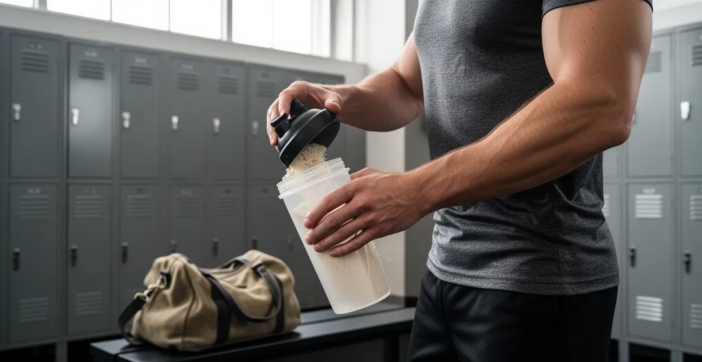 Sportif versant de la poudre protéinée dans un shaker dans un vestiaire de salle de sport