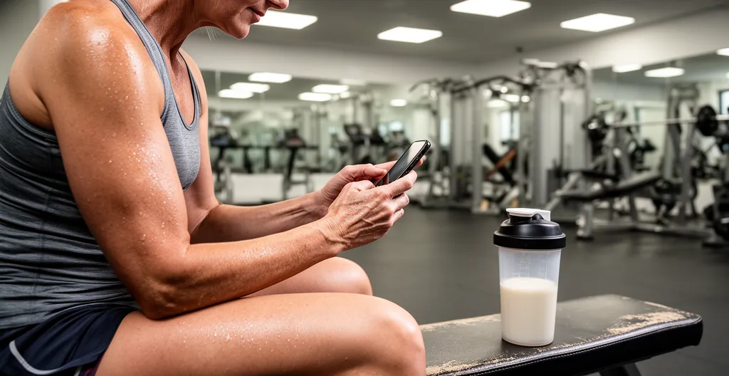 Sportive assise sur un banc de musculation consultant son téléphone après entraînement avec shaker à côté
